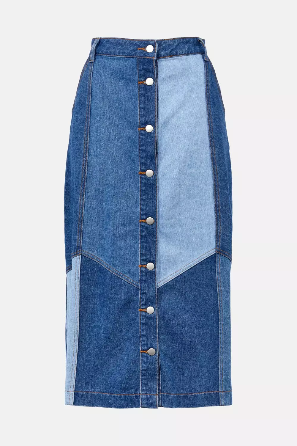 Denim Patchwork Button Front Midi Skirt | Warehouse